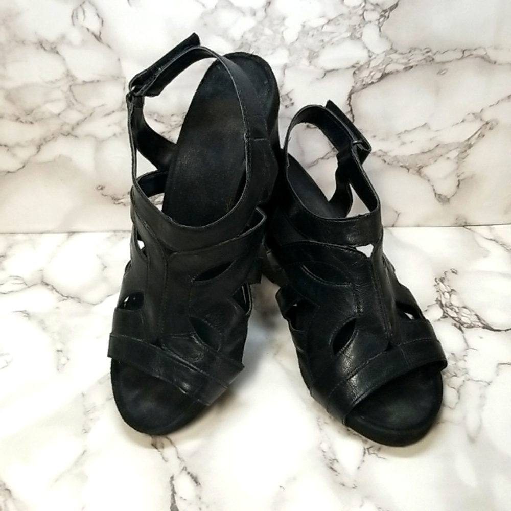 Black Wedge Sandals with Velcro Closure Ankle Straps - Size 9W